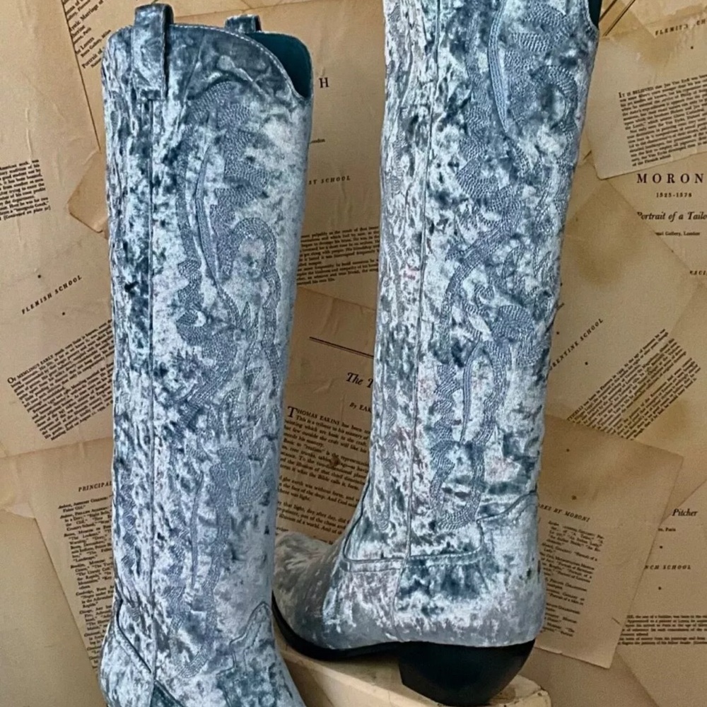 Free People Jeffrey Campbell Finn Tall Western Boots Aqua Blue Velvet - Picture 5 of 8
